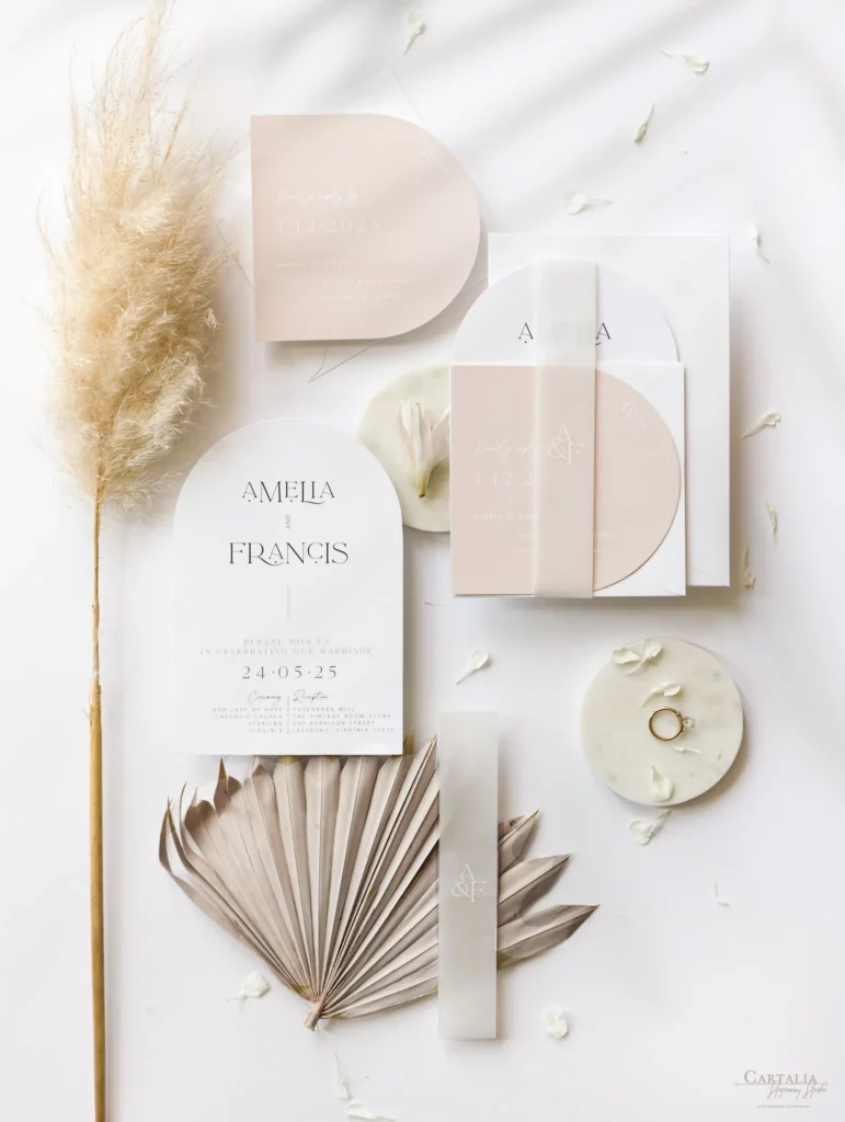 Wedding Stationery: Cartalia. Modern pastel pink and white minimalistic wedding invitations.