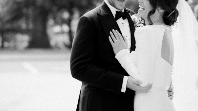 Event Planner: Emma Murray-Jones Weddings and Events. Modern bridal dress, groom black suit.