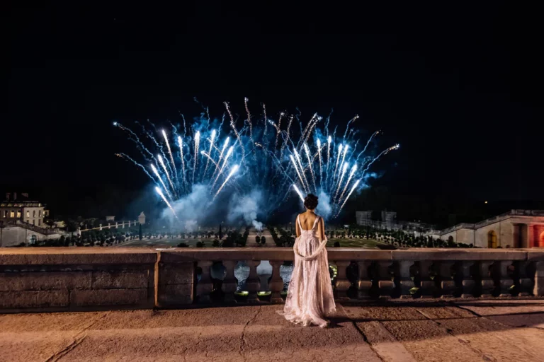 Event Planner: Emma Murray-Jones Weddings and Events. Bride blush pink wedding dress, night show fireworks. wedding.