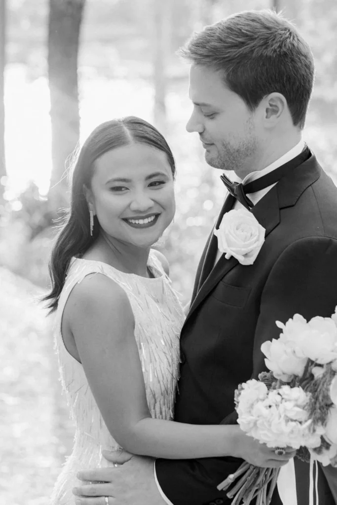 Photographer: Gavin Morgan James. Woodland wedding, modern bridal dress.