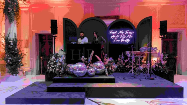 Event Planner: Hannah Hope Events. Birthday party backdrop, DJ stand black, disco balls, music stage for wedding.