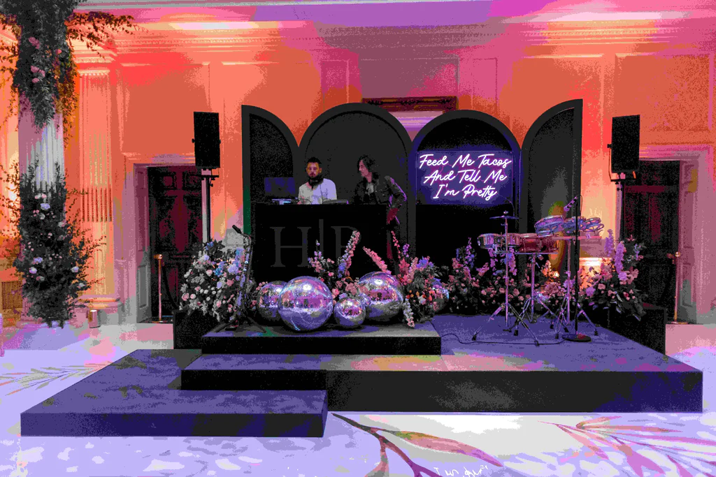 Event Planner: Hannah Hope Events. Birthday party backdrop, DJ stand black, disco balls, music stage for wedding.