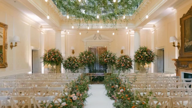 Event Planner: Hannah Hope Events. Wedding aisle, greenery ceiling, burnt orange, green dusty rose wedding flowers.