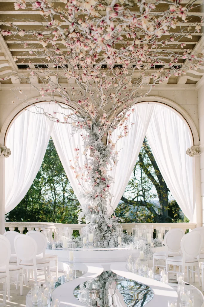 Event Planner: Kristina Kempton. White mirror wedding way ceremony, white chairs for guests, blush wedding arch aisle.