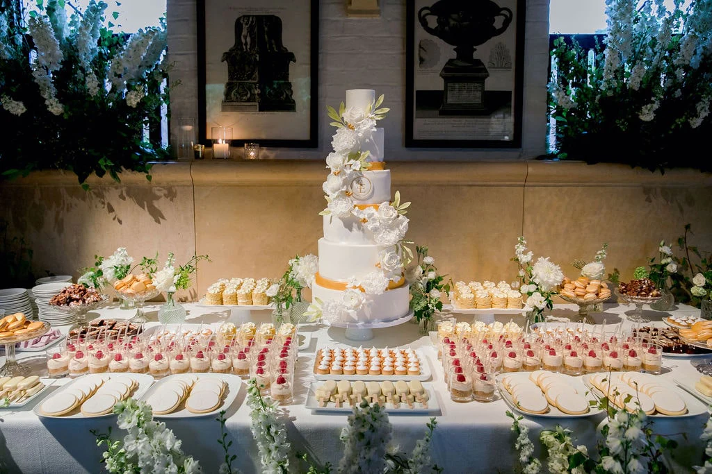 Cake Designer: Lindsay Pemberton. Luxury opulent wedding cake, dessert table.