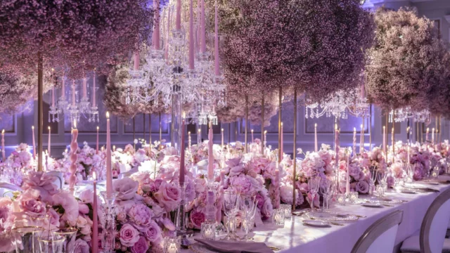 Florist: Larry Walshe. Pink wedding table dinner reception.