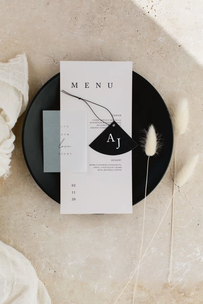 Wedding Stationery: Paper Grace. modern black and white wedding menu.