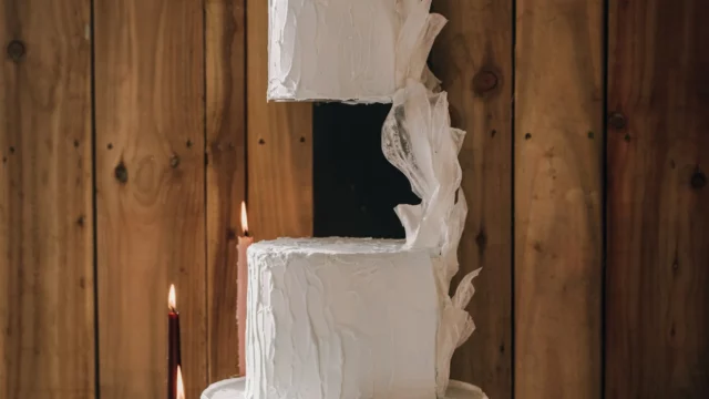 Cake Designer: Peboryon. Modern white lace wedding cake. rustic wedding cake.