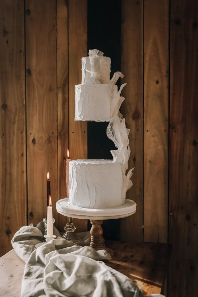 Cake Designer: Peboryon. Modern white lace wedding cake. rustic wedding cake.