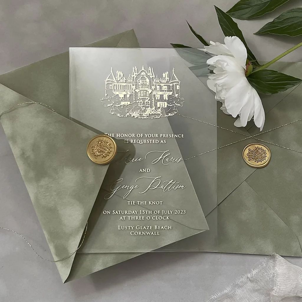 Wedding Stationery: Polina Perri. Sage green acrylic wedding invitations