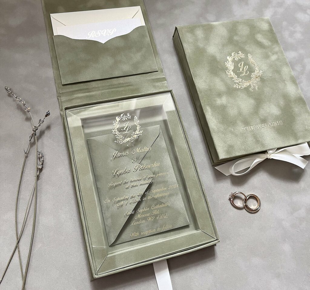 Wedding Stationery: Polina Perri. Sage green acrylic wedding invitations.