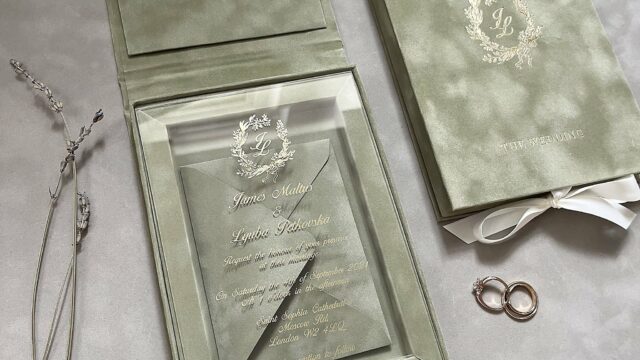 Wedding Stationery: Polina Perri. Sage green acrylic wedding invitations.