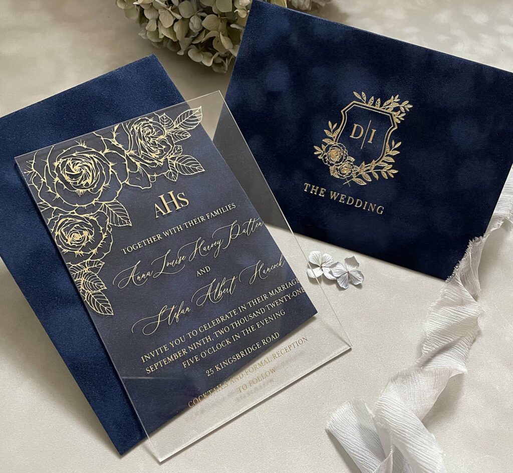 Wedding Stationery: Polina Perri. Opulent navy blue wedding invitations.