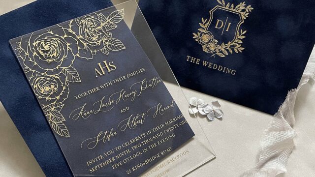 Wedding Stationery: Polina Perri. Opulent navy blue wedding invitations.