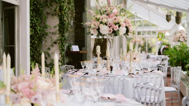 Event Planner: Tracy Lavin Events. Pastel pink and white wedding reception.