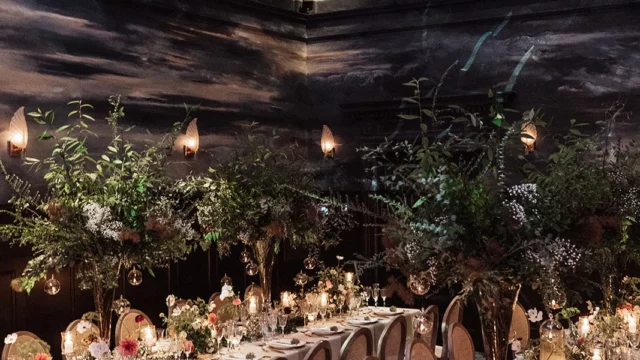 Event Planner: Emma Westacott. Dramatic wedding venue, hall, black walls, dark moody floral arrangement wedding table.